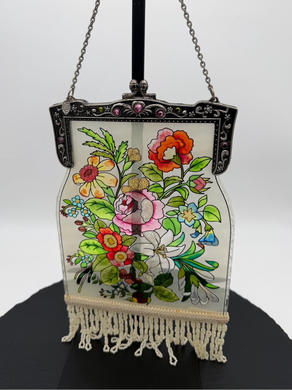 AMIA Hand Painted Glass Floral Purse Suncatcher Beaded Fringe Victorian Decor